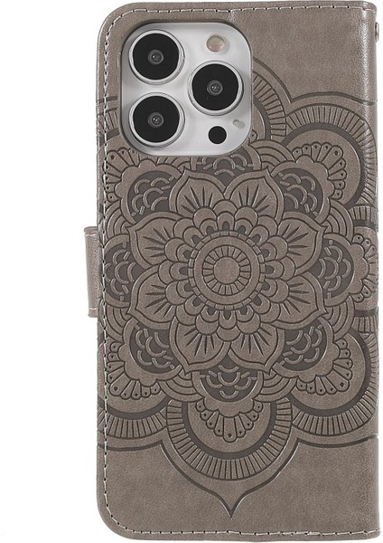 Apple iPhone 13 Pro Için Mandala Çiçek Desenli Standlı Kayışlı Deri Telefon Kılıfı - Gri (Yurt Dışından)