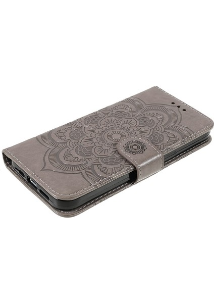 Apple iPhone 13 Pro Için Mandala Çiçek Desenli Standlı Kayışlı Deri Telefon Kılıfı - Gri (Yurt Dışından)