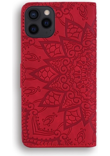 Apple iPhone 13 Pro Için Çiçek Desenli Cüzdan Tasarımlı Standlı Deri Kılıf - Kırmızı (Yurt Dışından)