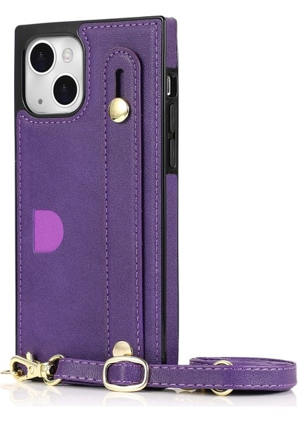 Apple iPhone 13 Mini Için Standlı Kart Yuvalı Kayışlı Pu Deri Kaplamalı Tpu Telefon Kılıfı - Mor (Yurt Dışından)