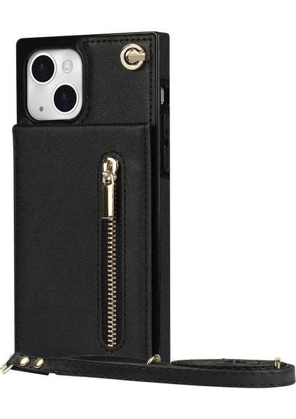 Apple iPhone 13 Mini Için Standlı Çizilmeye Dayanıklı Kart Yuvalı Omuz Askılı Fermuarlı Pu Deri Telefon Kılıfı - Siyah (Yurt Dışından) modelleri
