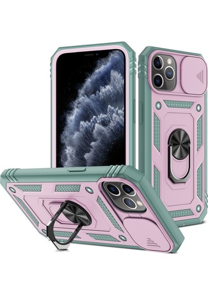 Apple iPhone 11 Pro Max Için Standlı Kamera Koruyuculu Pc + Tpu Telefon Kılıfı - Pembe/yeşil (Yurt Dışından)