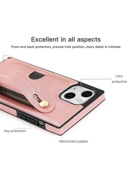 Apple iPhone 13 Mini Için Standlı Kart Yuvalı Kayışlı Pu Deri Kaplamalı Tpu Telefon Kılıfı - Gül Altın (Yurt Dışından)