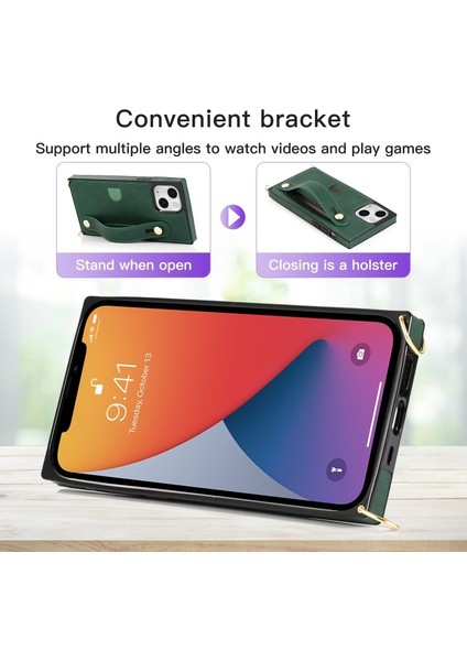 Apple iPhone 13 Mini Için Standlı Kart Yuvalı Kayışlı Pu Deri Kaplamalı Tpu Telefon Kılıfı - Gül Altın (Yurt Dışından)