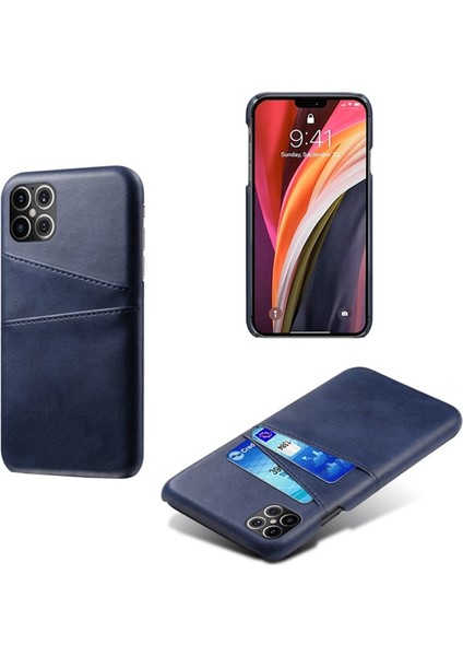 Apple iPhone 12 Pro Max Için Çift Kart Yuvalı Pu Deri Kaplamalı Pc Telefon Kılıfı - Koyu Mavi (Yurt Dışından)