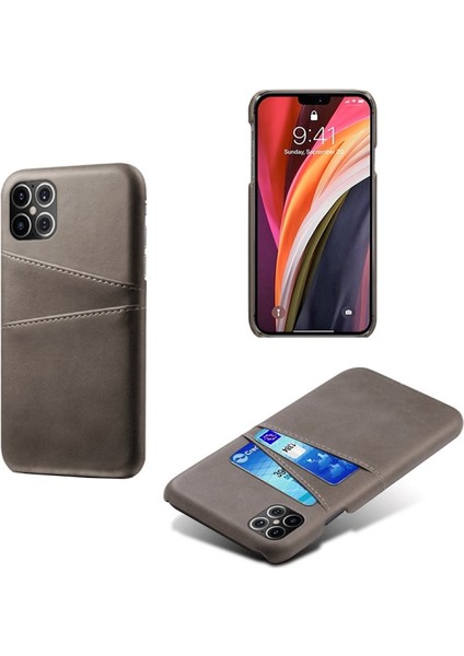 Apple iPhone 12 Pro Max Için Çift Kart Yuvalı Pu Deri Kaplamalı Pc Telefon Kılıfı - Gri (Yurt Dışından)