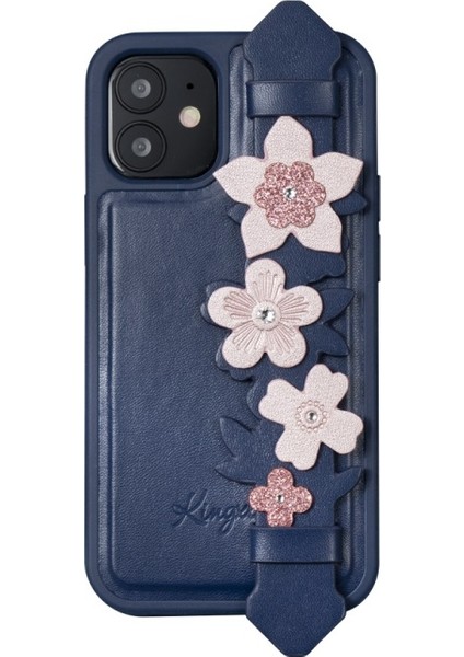 Apple iPhone 12 Mini Için Kalp ve Çiçek Desenli Kayışlı Swarovski Yapay Elmas Deri Telefon Kılıfı - Mavi (Yurt Dışından)