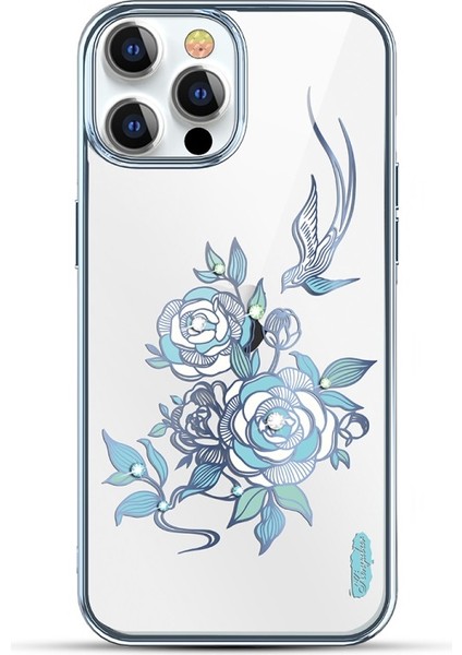 Apple iPhone 13 Pro Için Yapay Elmaslı Galvanik Çizilmeye Dayanıklı Koruyucu Kılıf - Mavi Çiçek (Yurt Dışından)
