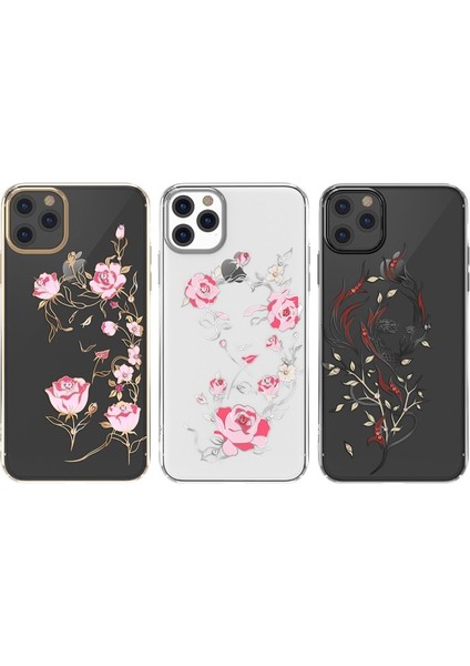 Apple iPhone 11 Için Yapay Elmas Dekorlu Çiçek Desenli Pc Telefon Kılıfı - Siyah/pembe (Yurt Dışından)