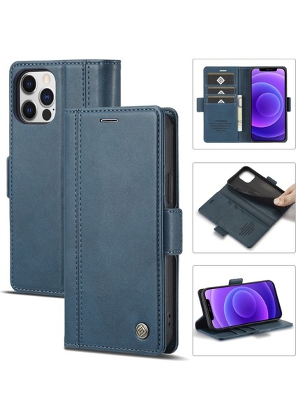 Apple iPhone 13 Pro Için Darbeye Dayanıklı Pu Deri Kart Yuvalı Standlı Cüzdan Kılıf - Mavi (Yurt Dışından)