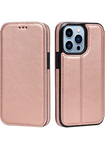 Apple iPhone 13 Pro Için Jazz Serisi Pu Deri + Tpu Manyetik Standlı Kartlıklı Telefon Kılıfı - Gül Altın (Yurt Dışından)