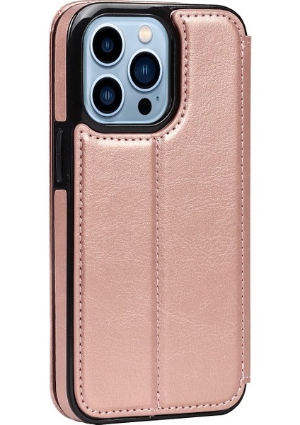 Apple iPhone 13 Pro Için Jazz Serisi Pu Deri + Tpu Manyetik Standlı Kartlıklı Telefon Kılıfı - Gül Altın (Yurt Dışından)