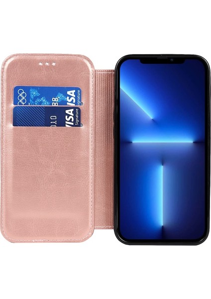 Apple iPhone 13 Pro Için Jazz Serisi Pu Deri + Tpu Manyetik Standlı Kartlıklı Telefon Kılıfı - Gül Altın (Yurt Dışından)
