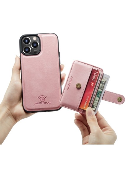 Apple iPhone 13 Pro Için 2'si 1 Arada Ayrılabilir Manyetik Kartlıklı Düşmeye Dayanıklı Pu Deri Telefon Kılıfı - Pembe (Yurt Dışından)