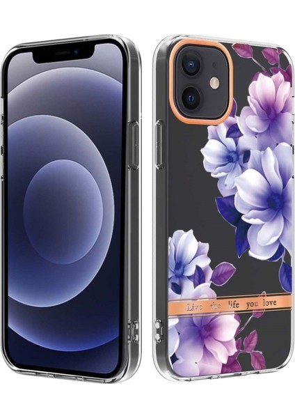 Apple iPhone 12 Için Lb5 Serisi Çiçek Desenli Galvanik Imd Iml Tpu Telefon Kılıfı - Mor Begonya (Yurt Dışından)