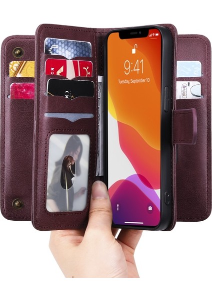 Apple iPhone 13 Pro Için Çoklu Kart Yuvalı Cüzdan Tasarımlı Tpu + Pu Deri Kılıf - Koyu Kırmızı (Yurt Dışından)