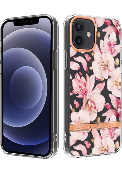 Apple iPhone 12 Için Lb5 Serisi Çiçek Desenli Galvanik Imd Iml Tpu Telefon Kılıfı - Pembe Gardenya (Yurt Dışından)