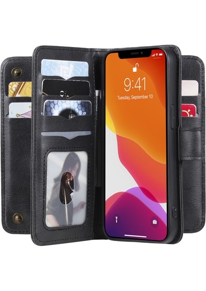Apple iPhone 13 Pro Için Çoklu Kart Yuvalı Cüzdan Tasarımlı Tpu + Pu Deri Kılıf - Siyah (Yurt Dışından)