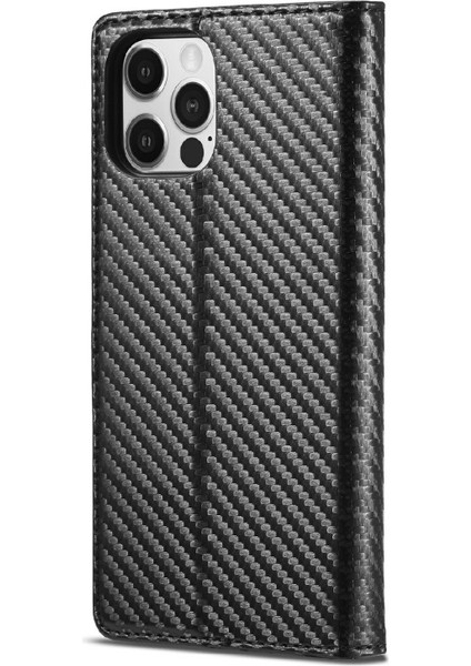 Apple iPhone 12 Için Karbon Fiber Dokulu Pu Deri Cüzdan Tasarımlı Standlı Kılıf - Dikey Kırmızı Şerit (Yurt Dışından)