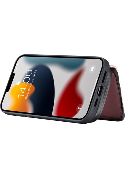 Apple iPhone 13 Pro Için 2'si 1 Arada Manyetik Ayrılabilir Fermuarlı Cüzdan Bölmeli Darbeye Dayanıklı Kılıf - Pembe (Yurt Dışından)
