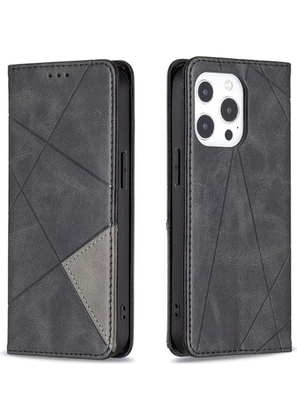 Apple iPhone 13 Pro Için Kartlıklı Standlı Mıknatıslı Geometrik Desenli Deri Kılıf - Siyah (Yurt Dışından)