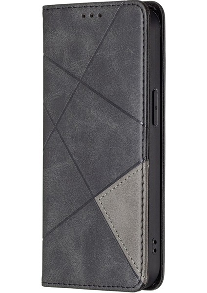Apple iPhone 13 Pro Için Kartlıklı Standlı Mıknatıslı Geometrik Desenli Deri Kılıf - Siyah (Yurt Dışından)