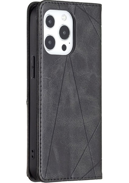 Apple iPhone 13 Pro Için Kartlıklı Standlı Mıknatıslı Geometrik Desenli Deri Kılıf - Siyah (Yurt Dışından)