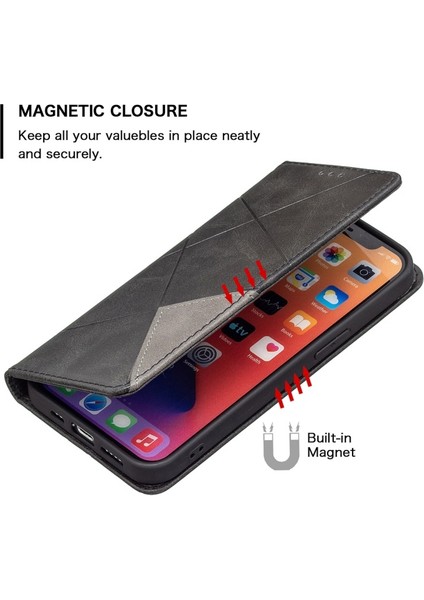 Apple iPhone 13 Pro Için Kartlıklı Standlı Mıknatıslı Geometrik Desenli Deri Kılıf - Siyah (Yurt Dışından)