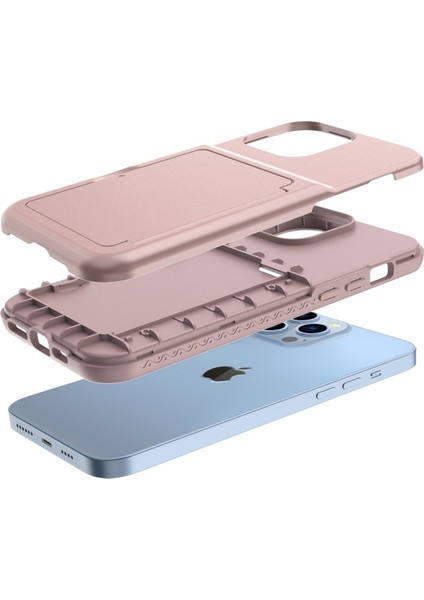 Apple iPhone 13 Pro Için Kartlıklı Gizli Aynalı Akrilik + Tpu Hibrit Kılıf - Gül Altın (Yurt Dışından)