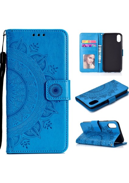 Apple iPhone Xr Için Mandala Çiçek Baskılı Kayışlı Manyetik Pu Deri Cüzdan Kılıf - Mavi (Yurt Dışından)