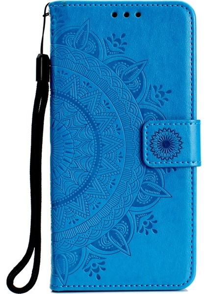 Apple iPhone Xr Için Mandala Çiçek Baskılı Kayışlı Manyetik Pu Deri Cüzdan Kılıf - Mavi (Yurt Dışından)