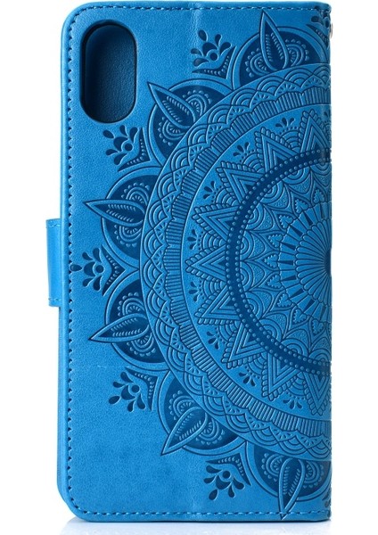 Apple iPhone Xr Için Mandala Çiçek Baskılı Kayışlı Manyetik Pu Deri Cüzdan Kılıf - Mavi (Yurt Dışından)