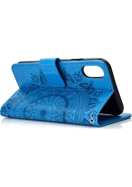 Apple iPhone Xr Için Mandala Çiçek Baskılı Kayışlı Manyetik Pu Deri Cüzdan Kılıf - Mavi (Yurt Dışından)