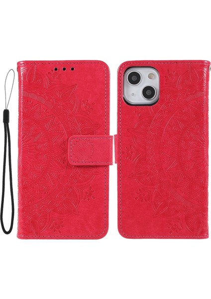 Apple iPhone 13 Mini Için Mandala Çiçek Baskılı Kayışlı Manyetik Pu Deri Cüzdan Kılıf - Kırmızı (Yurt Dışından)