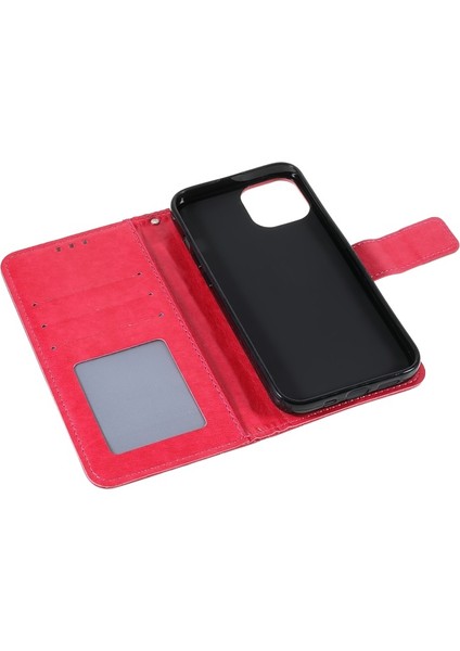 Apple iPhone 13 Mini Için Mandala Çiçek Baskılı Kayışlı Manyetik Pu Deri Cüzdan Kılıf - Kırmızı (Yurt Dışından)