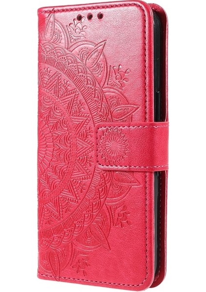 Apple iPhone 13 Mini Için Mandala Çiçek Baskılı Kayışlı Manyetik Pu Deri Cüzdan Kılıf - Kırmızı (Yurt Dışından)