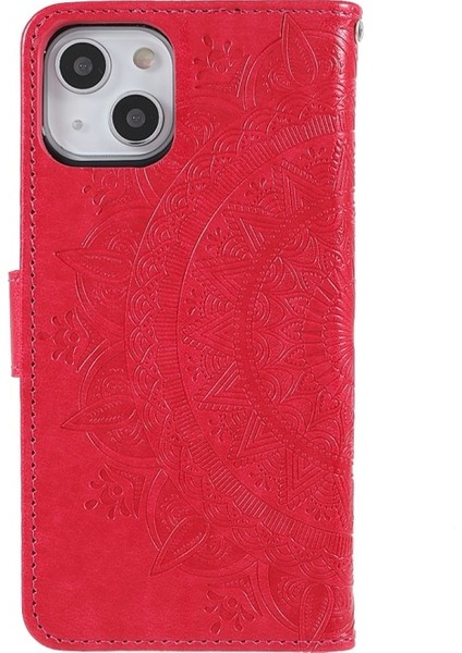 Apple iPhone 13 Mini Için Mandala Çiçek Baskılı Kayışlı Manyetik Pu Deri Cüzdan Kılıf - Kırmızı (Yurt Dışından)