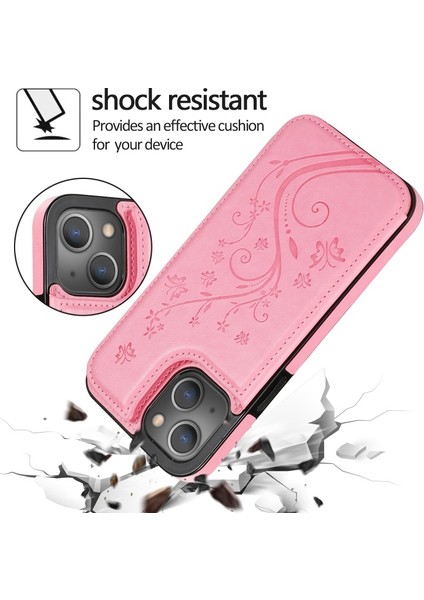 Apple iPhone 13 Mini Için Çiçek Desenli Standlı Kartlıklı Pu Deri Kaplamalı Tpu Koruyucu Kılıf - Pembe (Yurt Dışından)