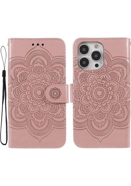 Apple iPhone 13 Pro Için Mandala Çiçek Desenli Standlı Kayışlı Deri Telefon Kılıfı - Gül Altın (Yurt Dışından)