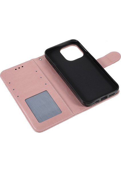 Apple iPhone 13 Pro Için Mandala Çiçek Desenli Standlı Kayışlı Deri Telefon Kılıfı - Gül Altın (Yurt Dışından)