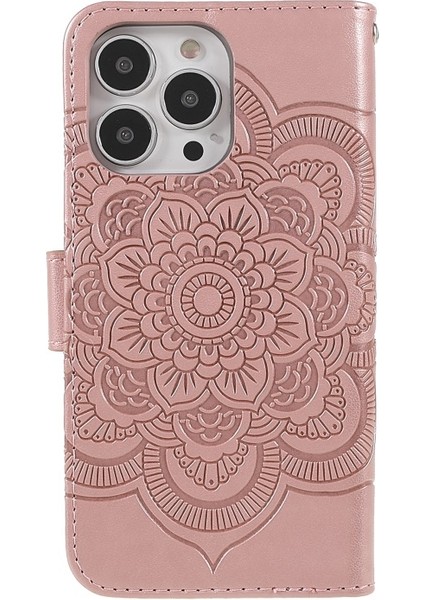 Apple iPhone 13 Pro Için Mandala Çiçek Desenli Standlı Kayışlı Deri Telefon Kılıfı - Gül Altın (Yurt Dışından)