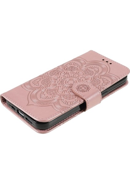 Apple iPhone 13 Pro Için Mandala Çiçek Desenli Standlı Kayışlı Deri Telefon Kılıfı - Gül Altın (Yurt Dışından)
