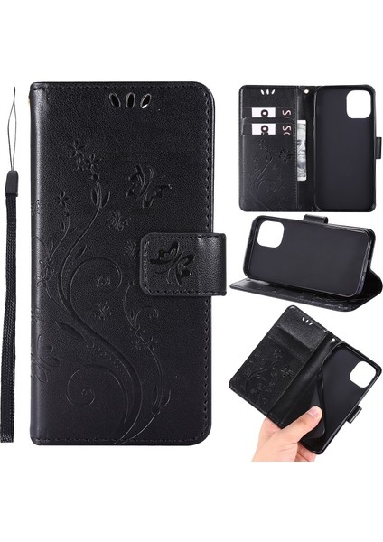 Apple iPhone 12 Mini Için Kayışlı ve Çiçek Desenli Deri Kılıf - Siyah (Yurt Dışından)