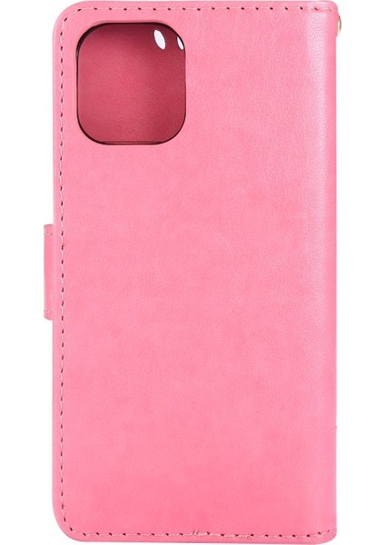 Apple iPhone 12 Mini Için Kayışlı ve Çiçek Desenli Deri Kılıf - Pembe (Yurt Dışından)