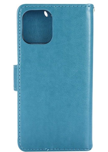 Apple iPhone 12 Mini Için Kayışlı ve Çiçek Desenli Deri Kılıf - Mavi (Yurt Dışından)