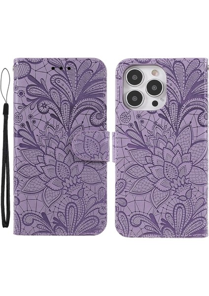 Apple iPhone 13 Pro Için Dantel Çiçek Desenli Pu Deri + Tpu Standlı Kayışlı Telefon Kılıfı - Mor (Yurt Dışından)