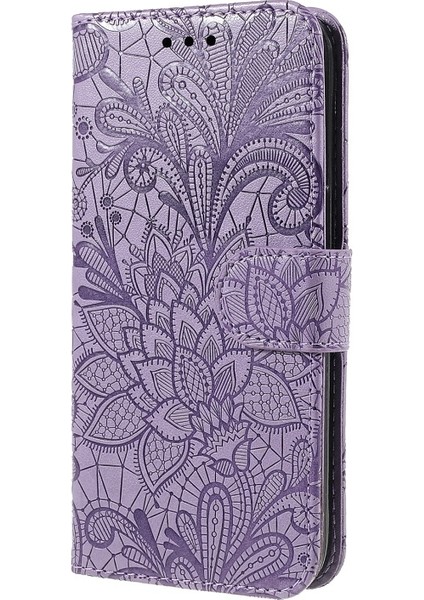 Apple iPhone 13 Pro Için Dantel Çiçek Desenli Pu Deri + Tpu Standlı Kayışlı Telefon Kılıfı - Mor (Yurt Dışından)