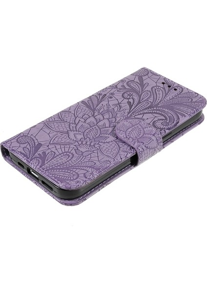 Apple iPhone 13 Pro Için Dantel Çiçek Desenli Pu Deri + Tpu Standlı Kayışlı Telefon Kılıfı - Mor (Yurt Dışından)