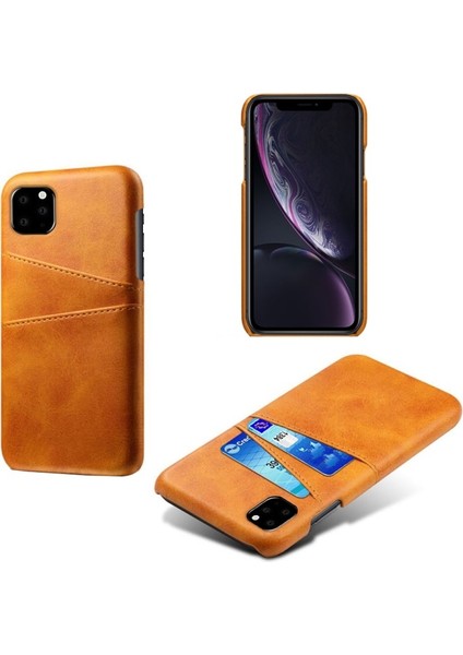 Apple iPhone 11 Pro Max Için Çift Kart Yuvalı Pu Deri Kaplamalı Sert Pc Telefon Kılıfı - Turuncu (Yurt Dışından)