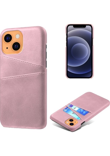 Apple iPhone 13 Için Çift Kart Yuvalı Pu Deri Kaplamalı Sert Pc Kılıf - Gül Altın (Yurt Dışından)